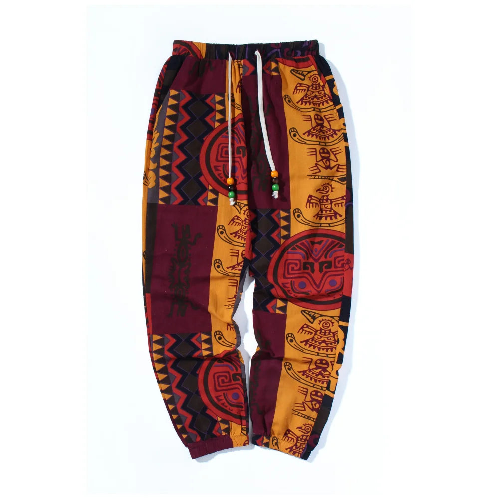 Boho Tribal Print Linen Jogger Pants